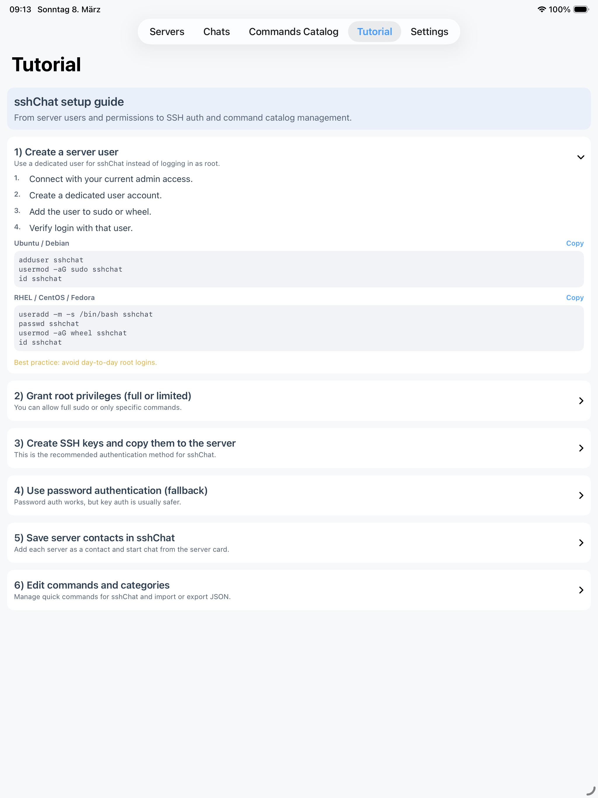 sshChat iPad screenshot showing the tutorial flow in light mode