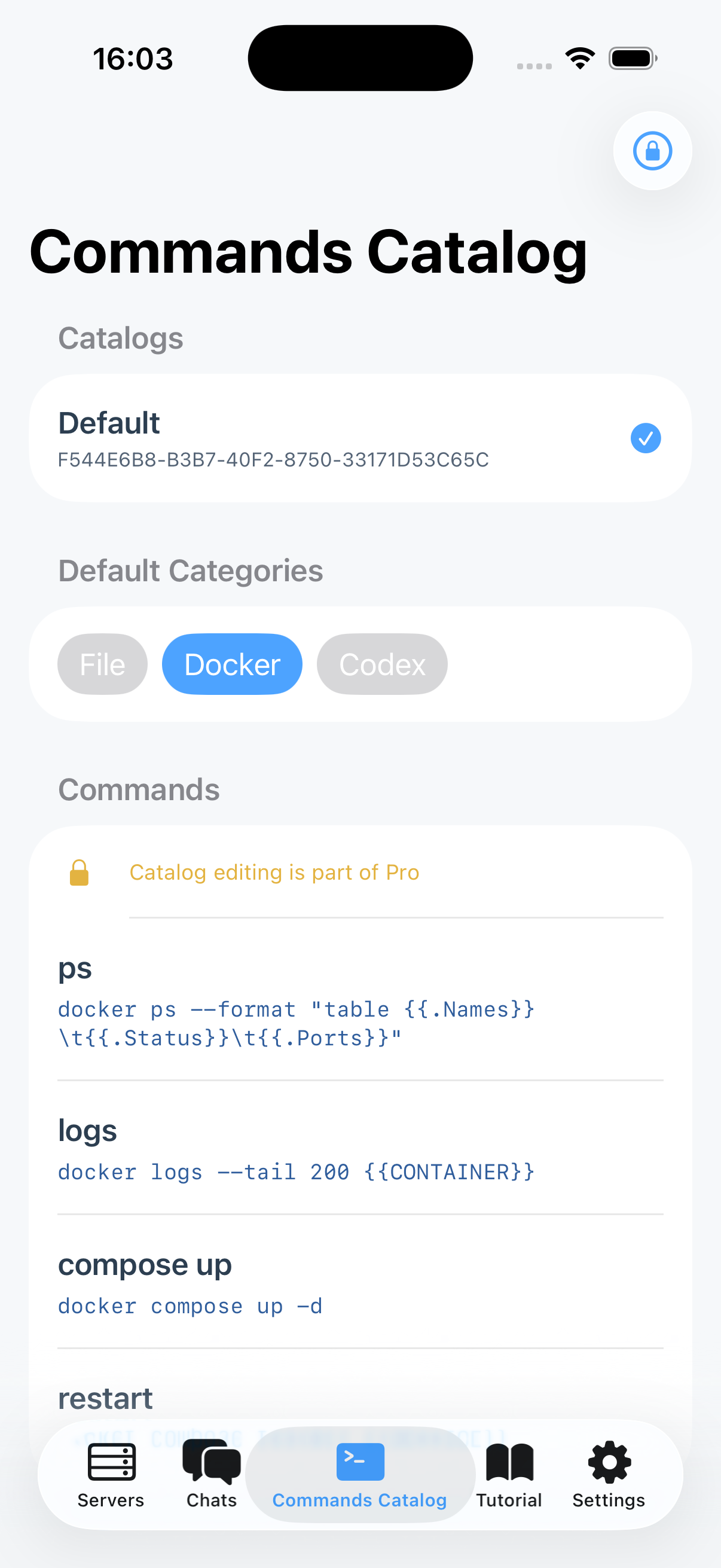 sshChat iPhone screenshot showing the command catalog